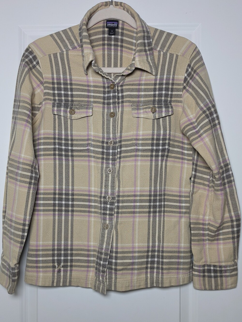 Patagonia Organic Cotton Plaid Button Front Shirt Jacket Women's Size 6 Beige